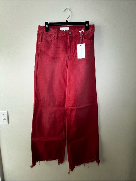 Risen Jeans Denim - Risen Jeans Wide-Leg Frayed Hem Jeans in Color Brick